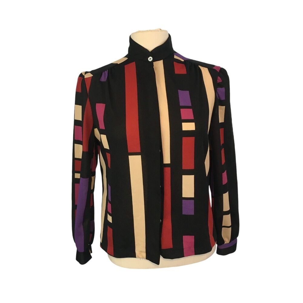 Blair Vintage Black Brown Tan Geometric Mock Neck Secretary Blouse, Top, 40 bust